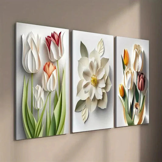 3pcs Vibrant Tulip Flower Decor Wall Art Set Canvas Framed 40x60cm - High Quality Print 100% Australian Made Wall Canvas Ready to Hang