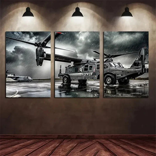 3pcs Military Helicopter Artistic Brownish Aged Metal Print Ready to Hang Art