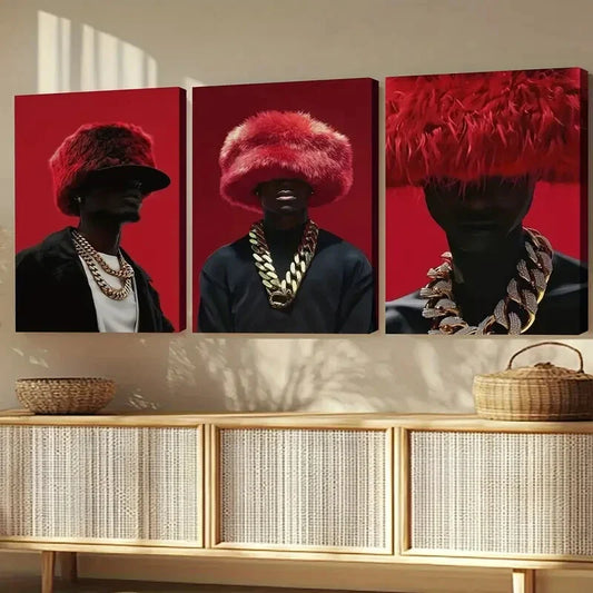 3pcs Black Man Art Luxury Red and Black Fashion Gold Wall Art Set Canvas Framed 40x60cm - High Quality Print 100% Australian Made Wall Canvas Ready to Hang