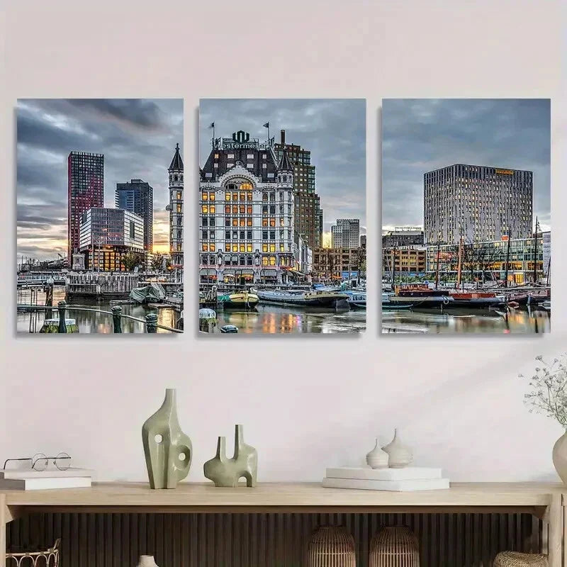 3pcs Modern Cityscape Harbor Vibrant Urban Sky Metal Print Ready to Hang Art