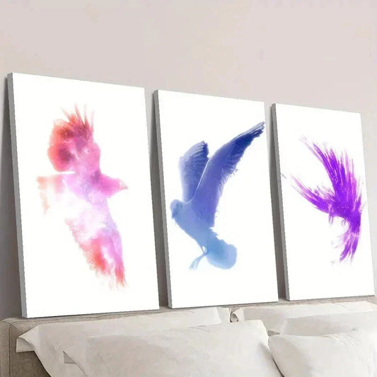 3pcs Colorful Pigeon & Crow Illustrations Wall Art Set Canvas Framed 40x60cm - High Quality Print 100% Australian Made Wall Canvas Ready to Hang