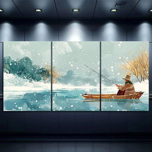 3pcs Modern Abstract Winter Fishing Lake Metal Print Ready to Hang Art