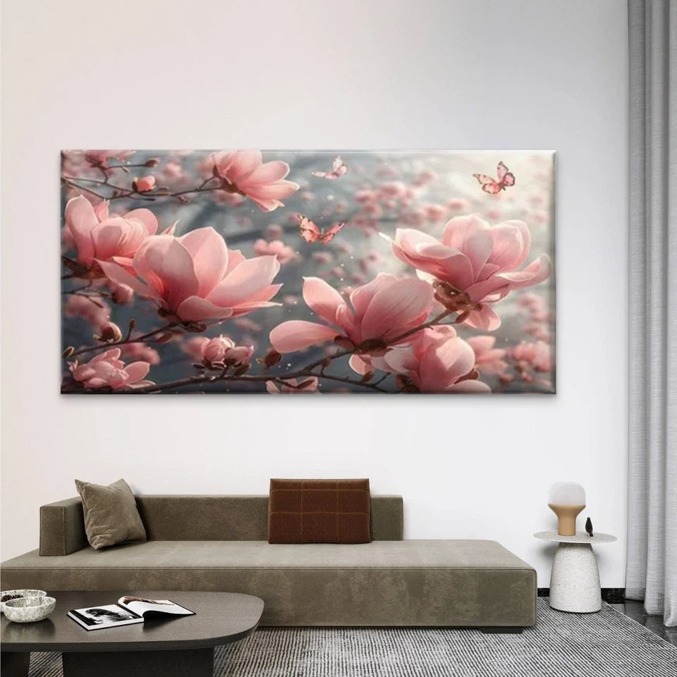 Pink Magnolia Flowers Wall Art Canvas Office Home Room Framed 80x45cm