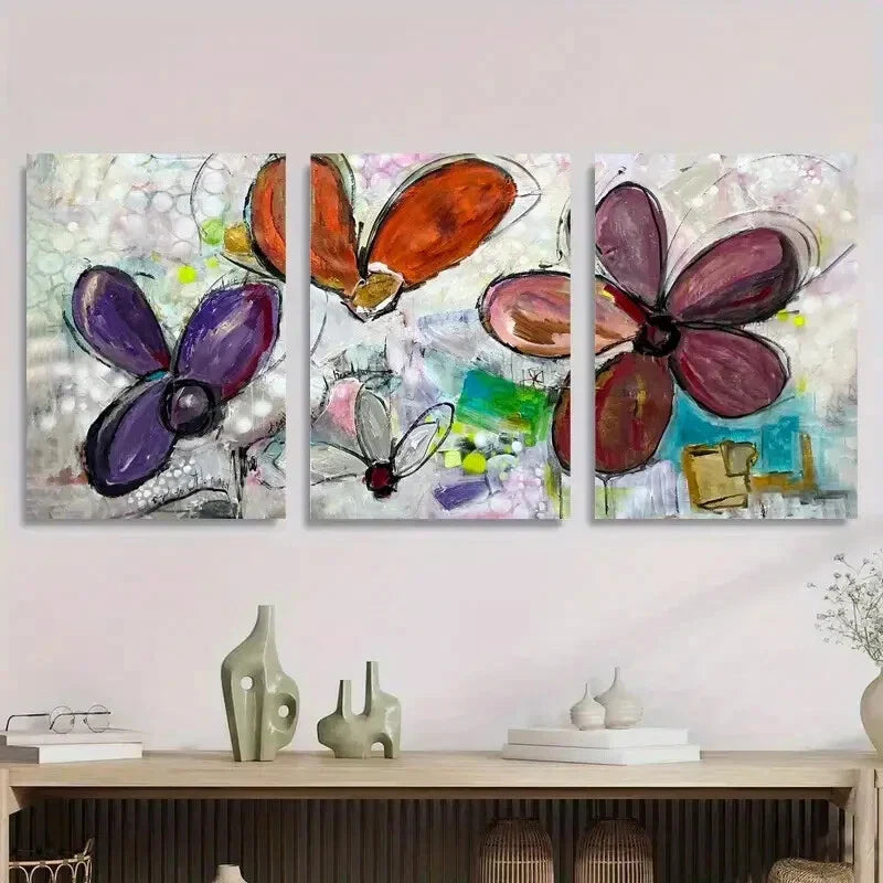 3pcs Colorful Flower Painting with Bold Metal Print Ready to Hang Art