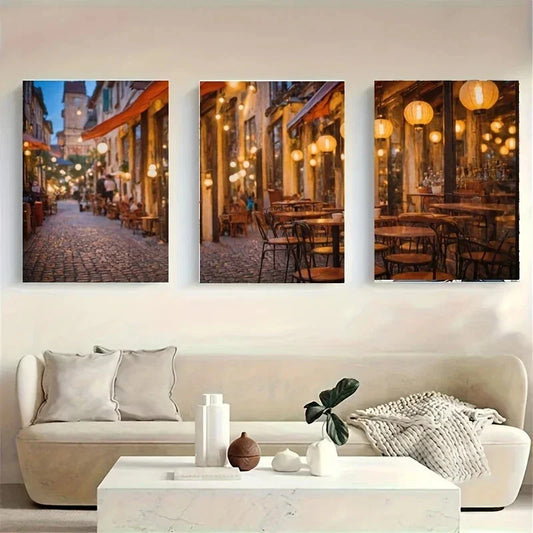 3pcs A Cobblestone Street Lined Majestic White Metal Print Ready to Hang Art