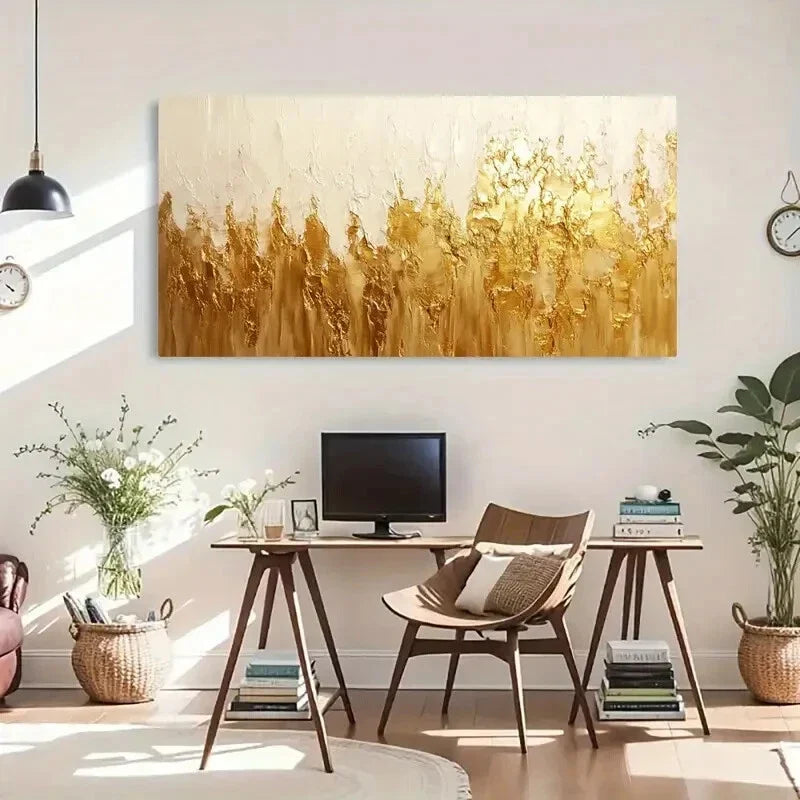 White Flowers Golden Accent Wall Art Canvas Office Home Room Framed 80x45cm