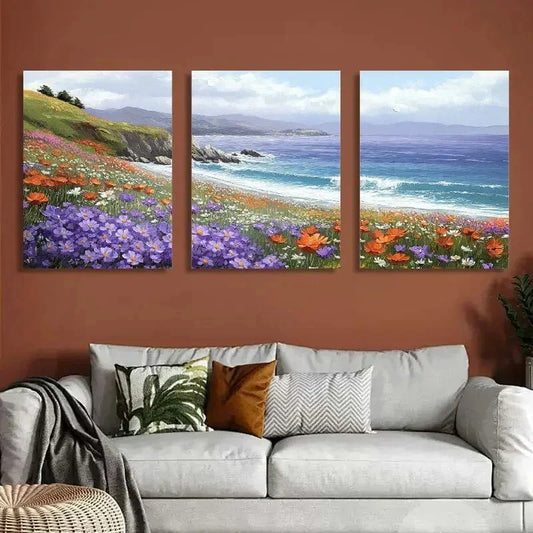 3pcs Vibrant Daisy & Ocean Landscape Wall Art Set Canvas Framed 40x60cm - High Quality Print 100% Australian Made Wall Canvas Ready to Hang