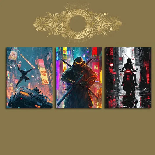 3pcs Vibrant Colorful Urban Bike Car Metal Print Ready to Hang Art