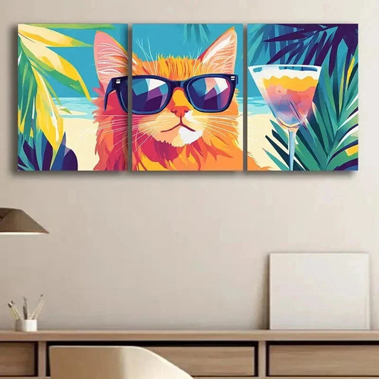 3pcs Tropical Cat with Glasses Colorful Perfect Wall Art Set Canvas Framed 40x60cm - High Quality Print 100% Australian Made Wall Canvas Ready to Hang