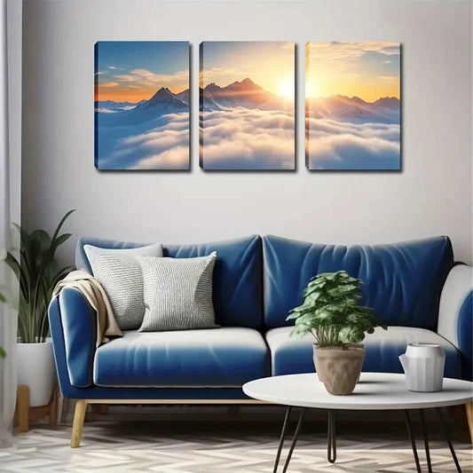 3pcs Serene Mountain Sunrise Scene with Snow Wall Art Set Canvas Framed 40x60cm - High Quality Print 100% Australian Made Wall Canvas Ready to Hang