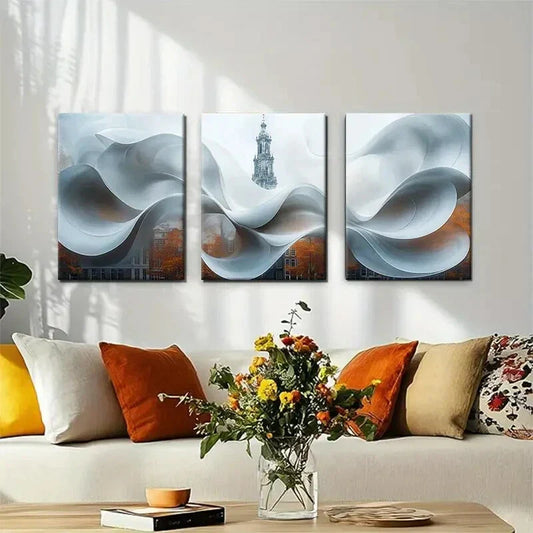 3pcs Abstract Cityscape White Curves Perfect Wall Art Set Canvas Framed 40x60cm - High Quality Print 100% Australian Made Wall Canvas Ready to Hang