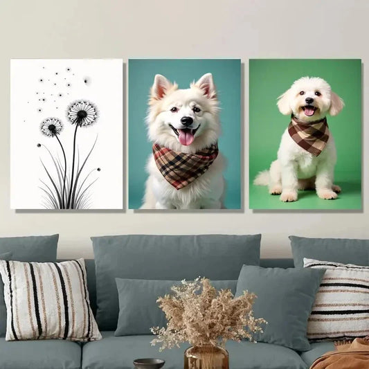 3pcs Dog Portraits & Dandelion Modern Metal Print Ready to Hang Art