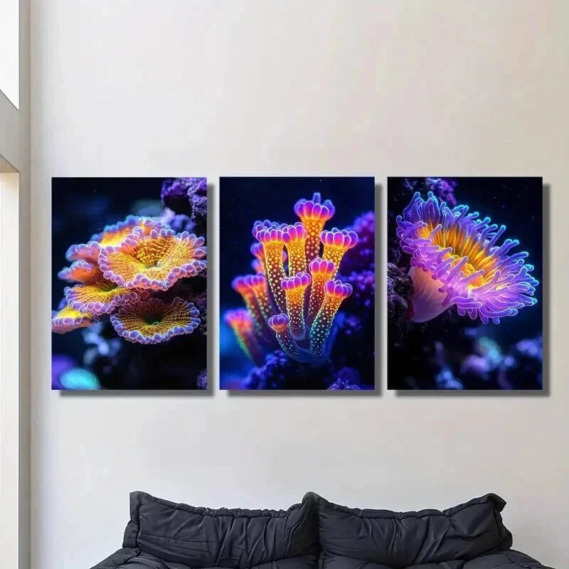 3pcs Fantasy Glowing Coral Reefs Sea Life Wall Art Set Canvas Framed 40x60cm - High Quality Print 100% Australian Made Wall Canvas Ready to Hang