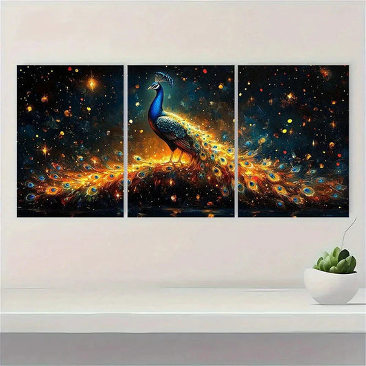 3pcs Vibrant Peacock with a Rainbow Metal Print Ready to Hang Art
