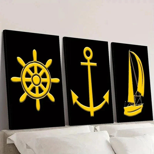 3pcs yellow Anchor Sailboat Golden Nautical Wall Art Set Canvas Framed 40x60cm - High Quality Print 100% Australian Made Wall Canvas Ready to Hang