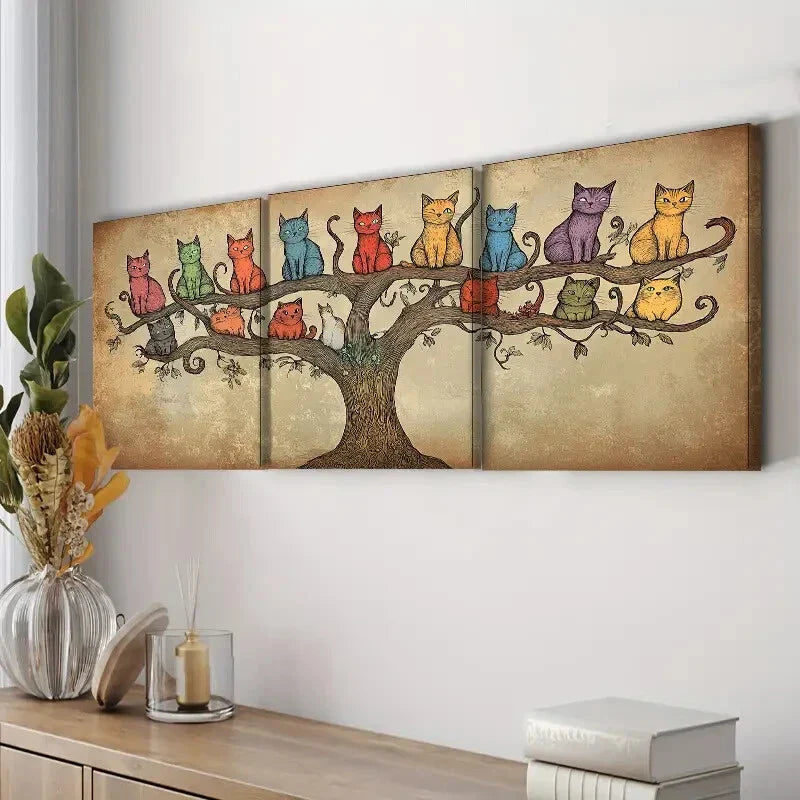 3pcs Whimsical Cat Tree Cute Adorable Perfect Wall Art Set Canvas Framed 40x60cm - High Quality Print 100% Australian Made Wall Canvas Ready to Hang
