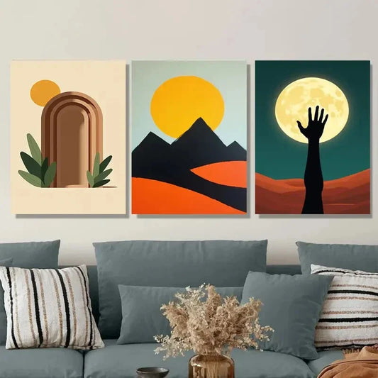 3pcs Modern Abstract Sunset, Mountains & Moon Metal Print Ready to Hang Art
