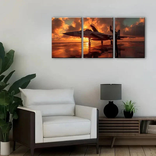 3pcs Sunset Scene with Jet Aircraft Retirement Metal Print Ready to Hang Art
