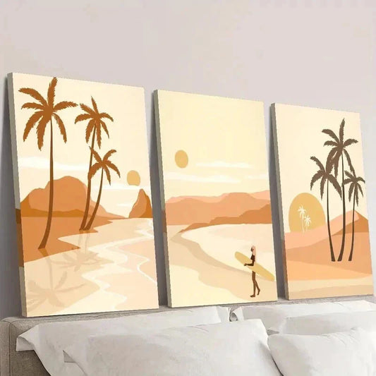 3pcs Palm Trees at Sunset Surfer on the Shore Wall Art Set Canvas Framed 40x60cm - High Quality Print 100% Australian Made Wall Canvas Ready to Hang