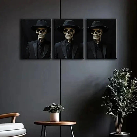 3pcs Skeleton in Suit Darkness Perfect Fear Wall Art Set Canvas Framed 40x60cm - High Quality Print 100% Australian Made Wall Canvas Ready to Hang