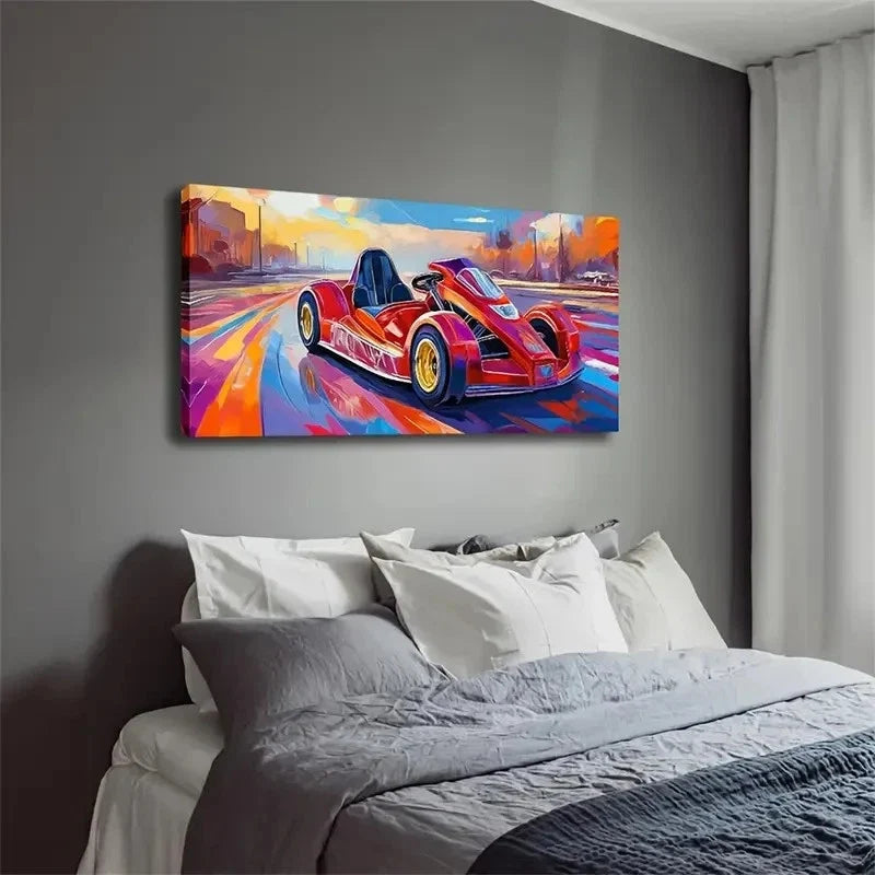 Vibrant Red Go-Kart Scene Wall Art Canvas Office Home Room Framed 120x60cm