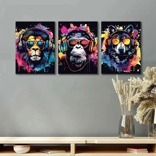 3pcs Lion Monkey Wolf Animal Gaming Metal Print Ready to Hang Art