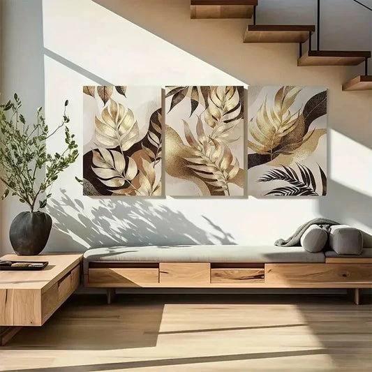 3pcs Elegant Golden Leaves With Abstract Patterns Metal Print Ready to Hang Art