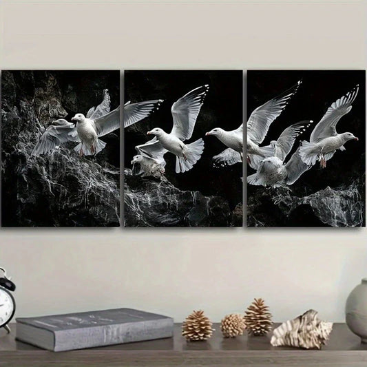 3pcs Seagull Luxurious Design Flying Pigeons Metal Print Ready to Hang Art