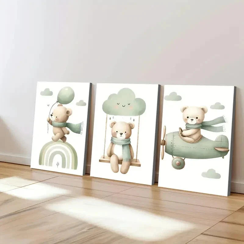 3pcs Modern Wooden Airplane Rainbow Bear Balloon Wall Art Set Canvas Framed 40x60cm - High Quality Print 100% Australian Made Wall Canvas Ready to Hang