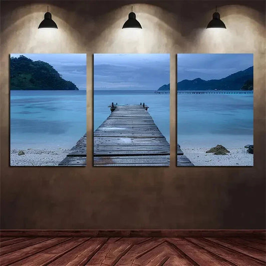 3pcs Old Wooden Dock Leading To The Blue Ocean Metal Print Ready to Hang Art
