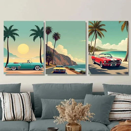 3pcs Vintage Beach Scene Tropical Sunset Cars Wall Art Set Canvas Framed 40x60cm - High Quality Print 100% Australian Made Wall Canvas Ready to Hang