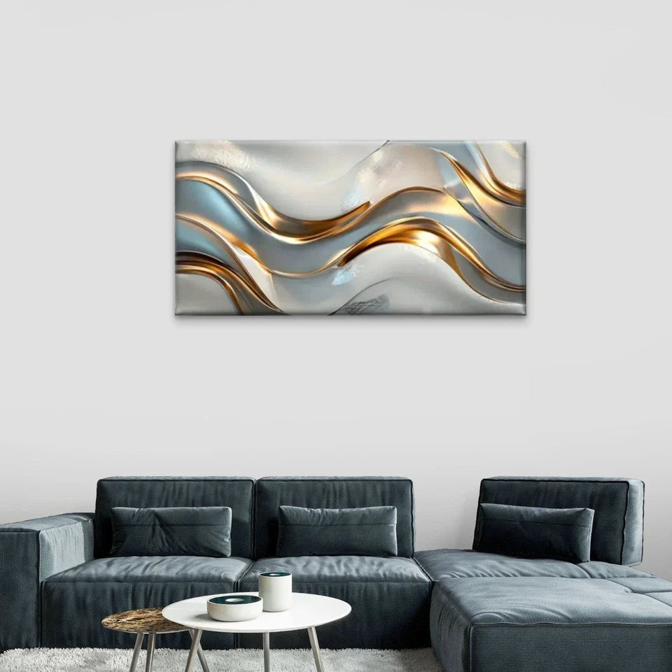 Gold Silvery Swirl Abstract Wall Art Canvas Office Home Room Framed 80x45cm
