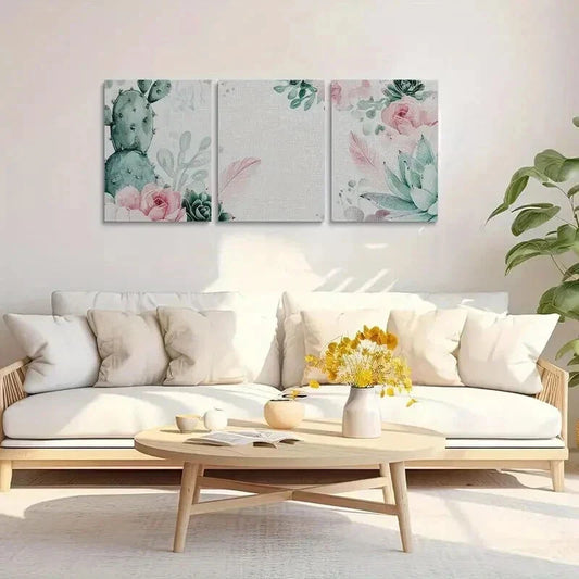3pcs Watercolor Green Cactus and Pink Flowers Wall Art Set Canvas Framed 40x60cm - High Quality Print 100% Australian Made Wall Canvas Ready to Hang