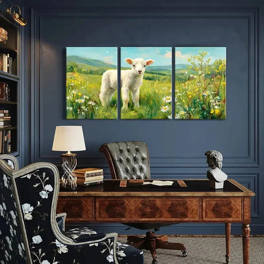 3pcs Spring Meadow Lamb & Floral Landscape Metal Print Ready to Hang Art