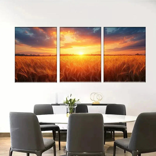 3pcs Golden Wheat Field Sunset Glow Metal Print Ready to Hang Art