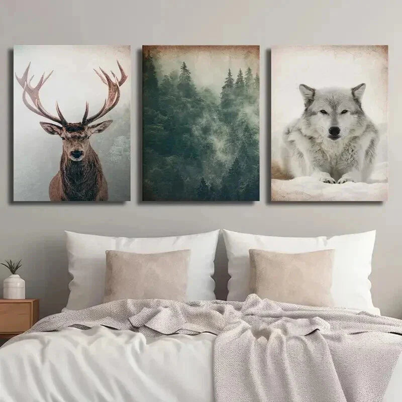 3pcs Vintage Forest and Animals Deer and Wolf Wall Art Set Canvas Framed 40x60cm - High Quality Print 100% Australian Made Wall Canvas Ready to Hang