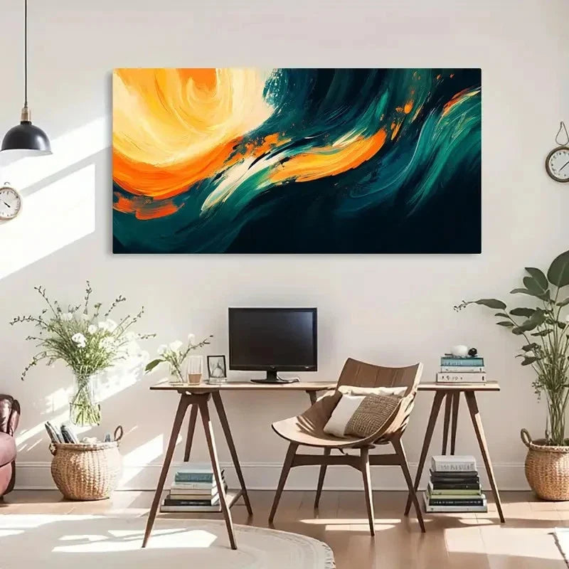 Yellow & Blue Dynamic Vibrant Wall Art Canvas Office Home Room Framed 120x60cm