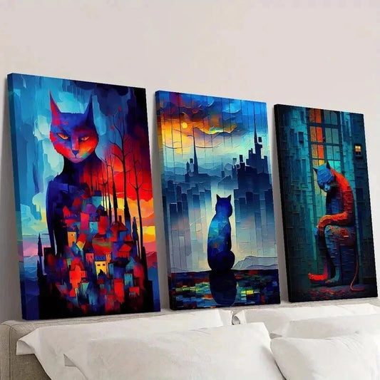 3pcs Lonely Cat Under Fantasy Night Wall Art Set Canvas Framed 40x60cm - High Quality Print 100% Australian Made Wall Canvas Ready to Hang