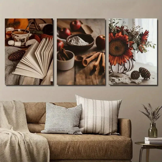 3pcs Open Book Coffee Apples and Cinnamon Sticks Metal Print Ready to Hang Art