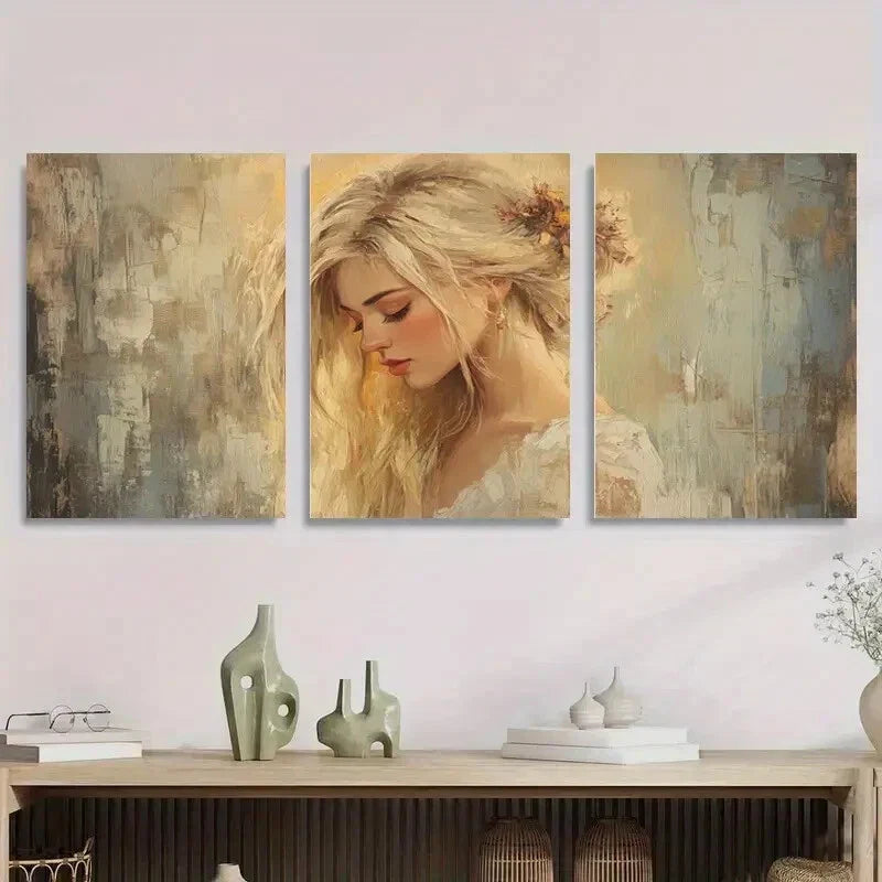 3pcs Elegant Blonde Portrait Abstract Metal Print Ready to Hang Art