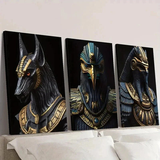 3pcs Black & Golden Pharaoh & Anubis Wall Art Set Canvas Framed 40x60cm - High Quality Print 100% Australian Made Wall Canvas Ready to Hang