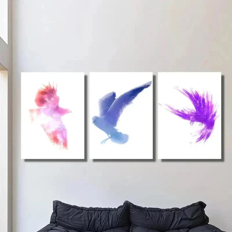 3pcs Colorful Pigeon & Crow Illustrations Wall Art Set Canvas Framed 40x60cm - High Quality Print 100% Australian Made Wall Canvas Ready to Hang