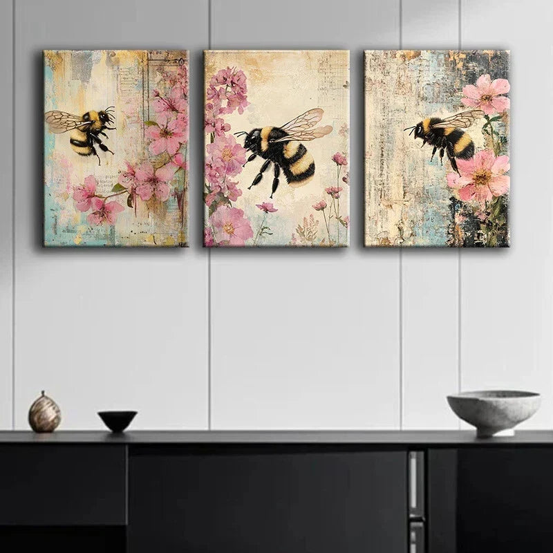 3pcs Bumblebee Flower Natural Metal Print Ready to Hang Art
