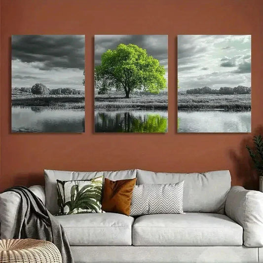 3pcs Modern Black & White Green Tree Landscape Metal Print Ready to Hang Art