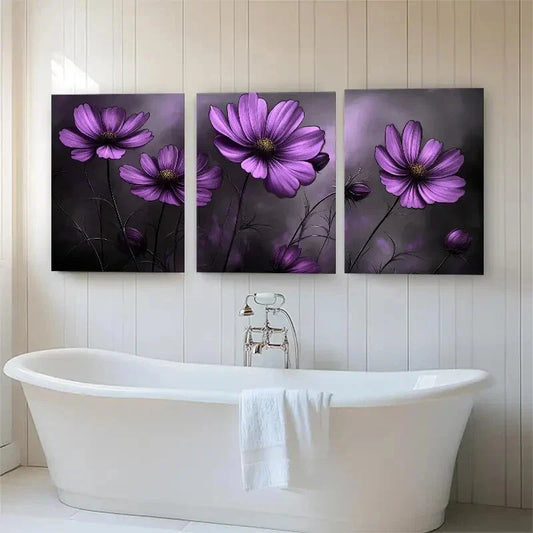3pcs Purple Cosmos Flowers Soft Dark Perfect Wall Art Set Canvas Framed 40x60cm - High Quality Print 100% Australian Made Wall Canvas Ready to Hang