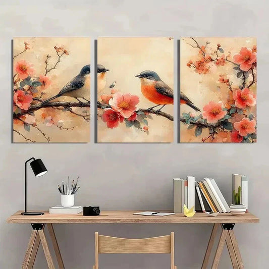 3pcs Vintage Peony Flowers And Birds Wall Art Set Canvas Framed 40x60cm - High Quality Print 100% Australian Made Wall Canvas Ready to Hang