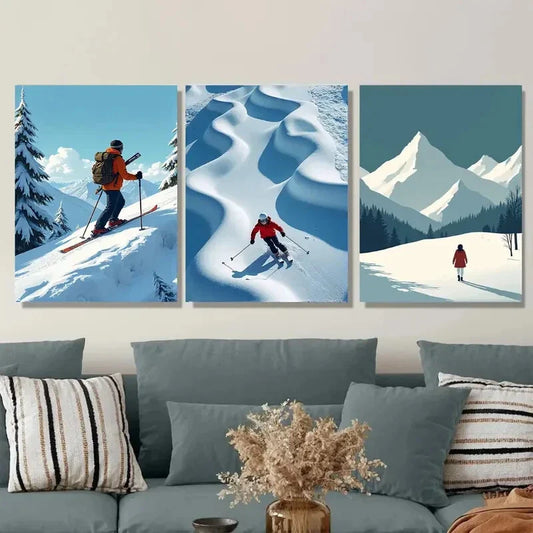3pcs Snowy Mountain Ski Adventure Picture Wall Art Set Canvas Framed 40x60cm - High Quality Print 100% Australian Made Wall Canvas Ready to Hang