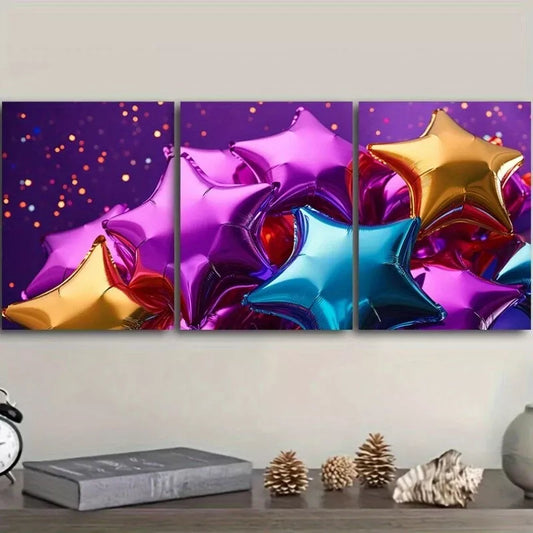 3pcs Star-Shaped Balloons Colorful Wall Art Set Canvas Framed 40x60cm - High Quality Print 100% Australian Made Wall Canvas Ready to Hang
