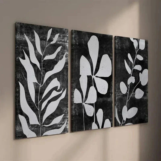 3pcs Black and White Abstract Leaf Botanical Wall Art Set Canvas Framed 40x60cm - High Quality Print 100% Australian Made Wall Canvas Ready to Hang