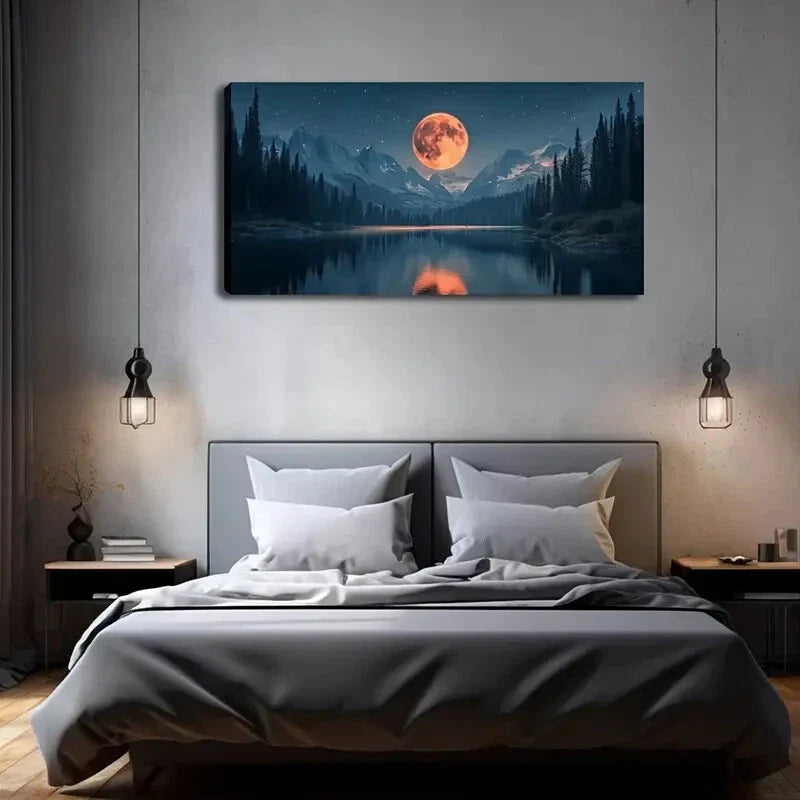Mountain and Red Moon Landscape Wall Art Canvas Office Home Room Framed 120x60cm